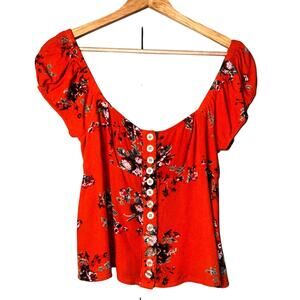 Free People Orange Floral Button Down Top XS Off Shoulder Smocked Back Boho